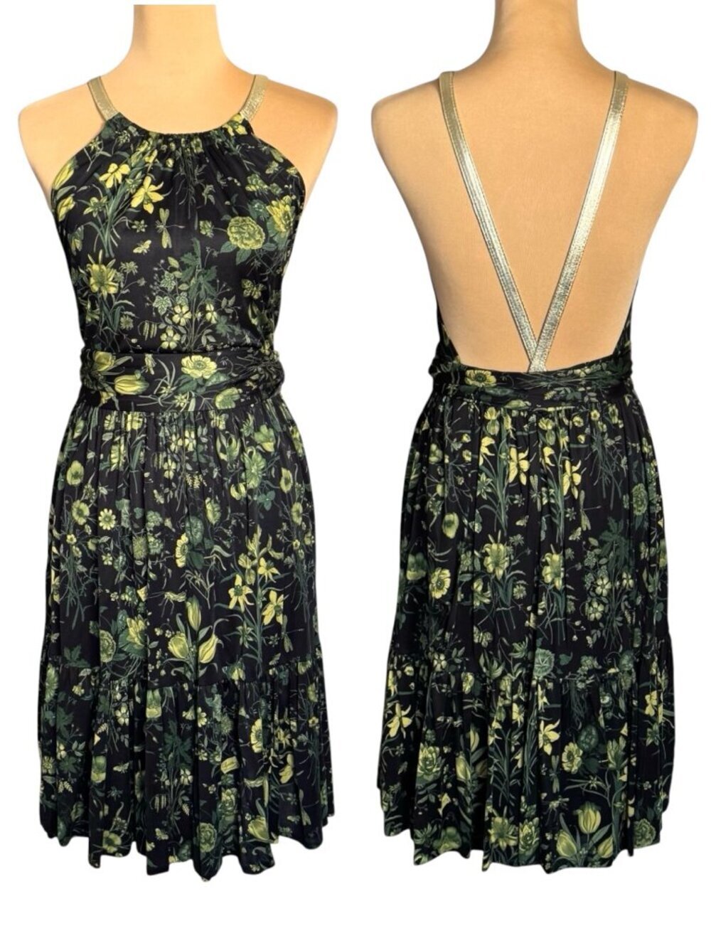 NWT Gucci Resort Halter Dress Sz 40 / S Floral Logo Metallic Leather Straps Chic